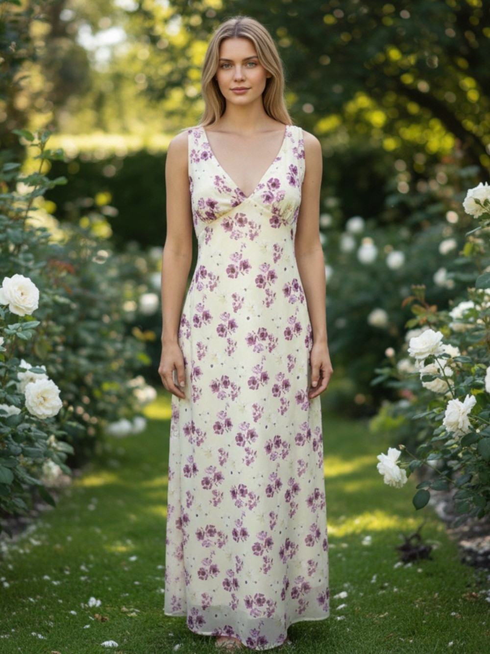 Princess Polly Cream Maxi Dress with Purple Floral Print